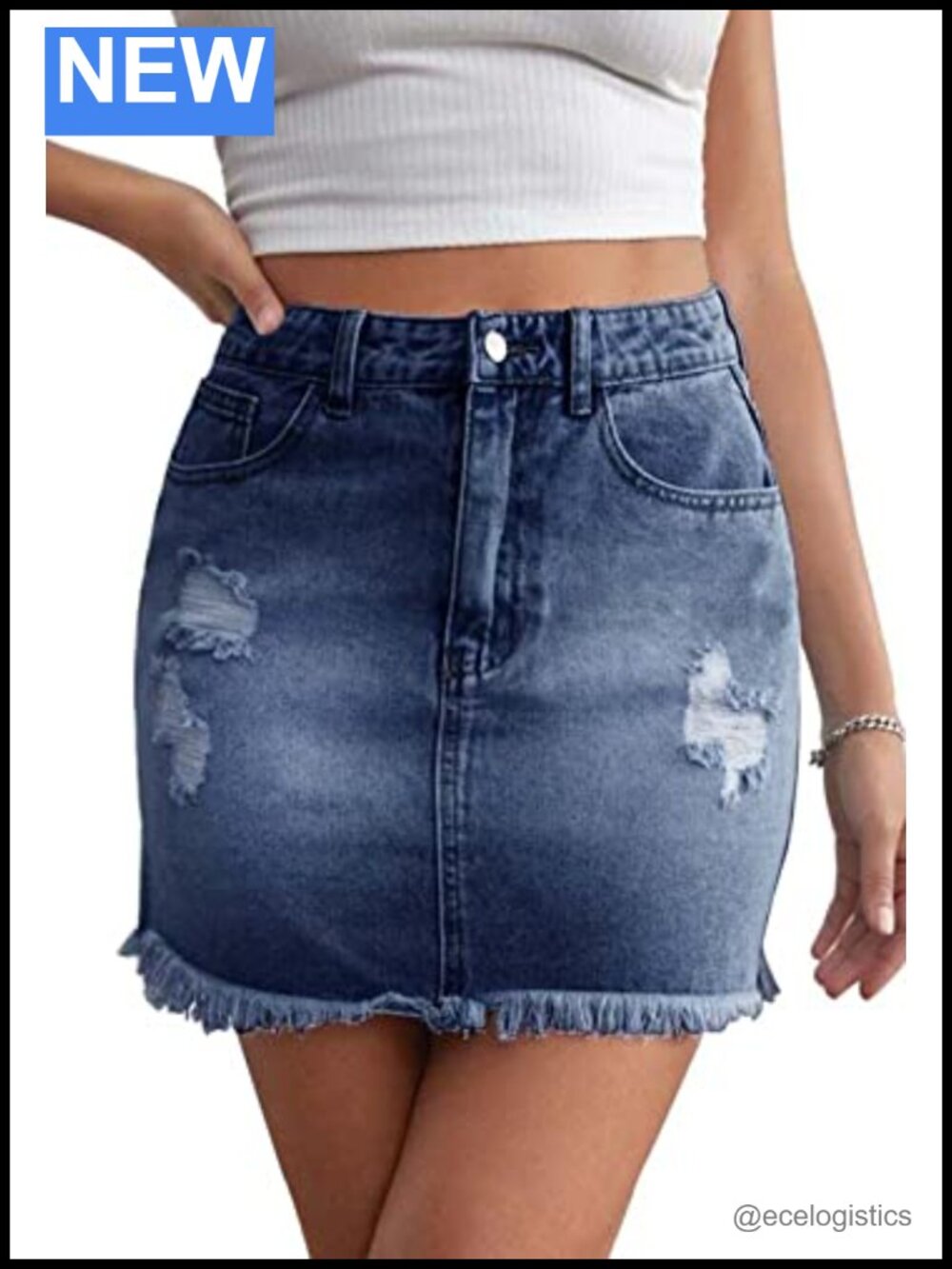 High Waist Stretch Denim Mini Skirt Bodycon Raw Hem Frayed Pencil Skirt